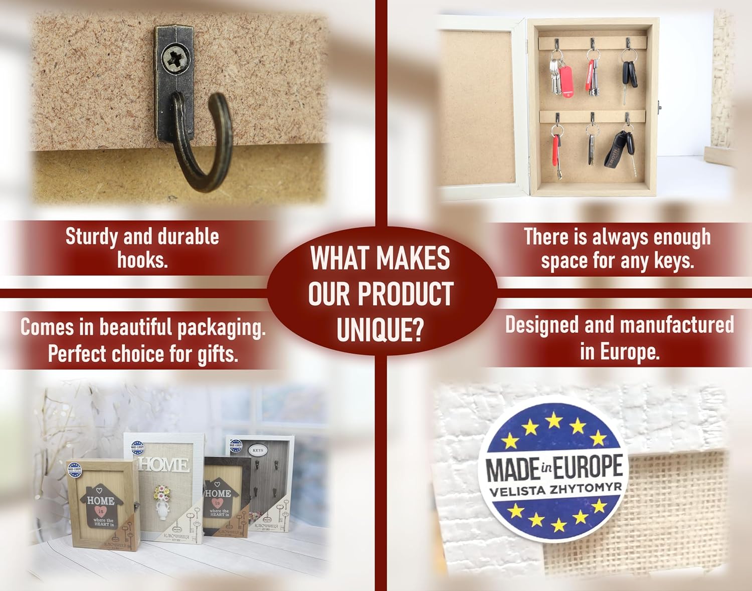 Wooden Key Box Wall Mount - Cute Rustic Decorative Cabinet - Premium Holder With 6-Hooks - Small White Box