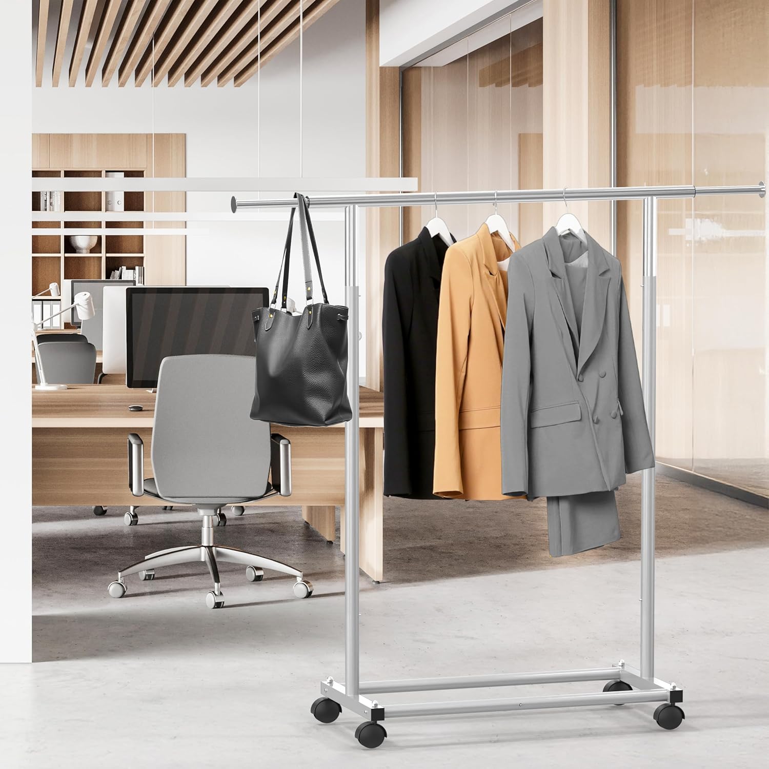 Standard Rod Garment Clothing Rack, Silver | Single Rail, Extendable Width from 30 to 47 Inches, Rolling Clothing