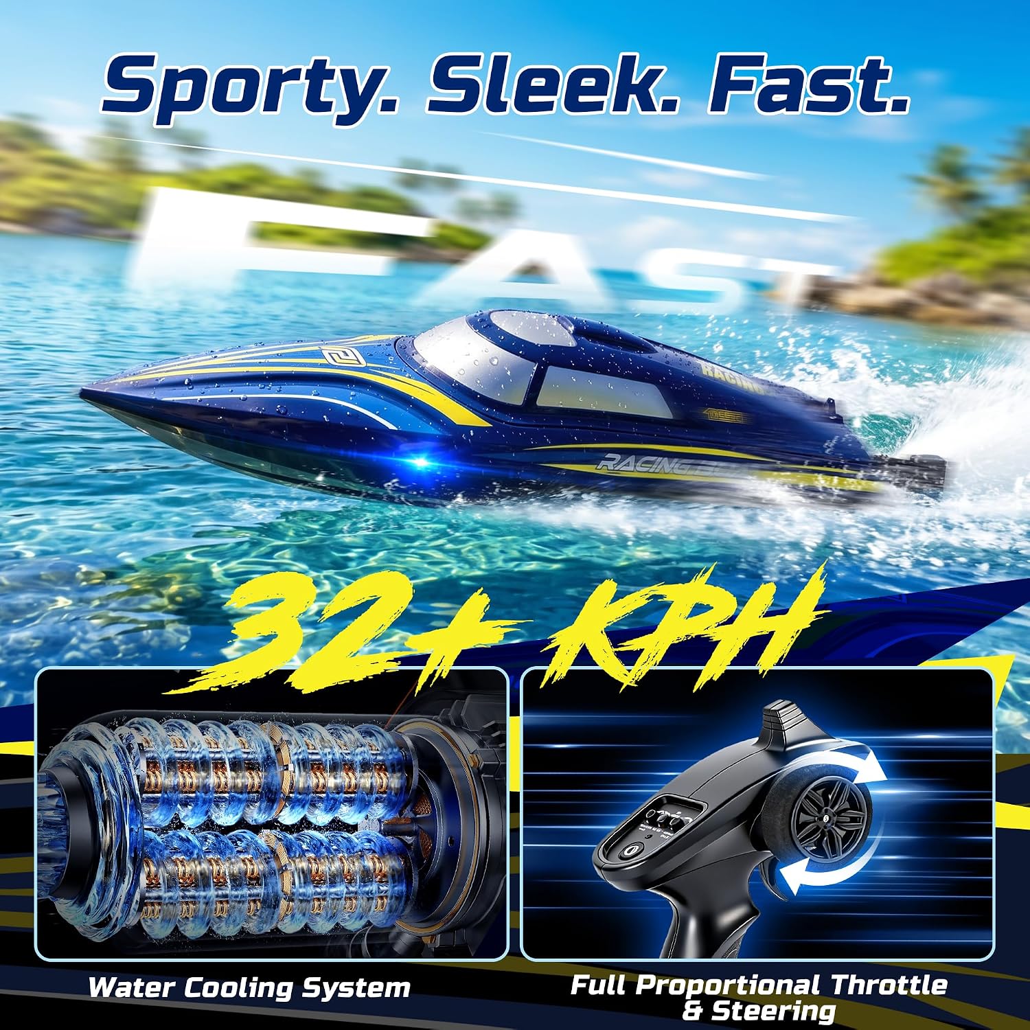 14" Fast RC Boat for Kids & Adults, Auto Self-Righting, 20+MPH | Upgraded Remote Control Speed Boat with 2x1200mAh