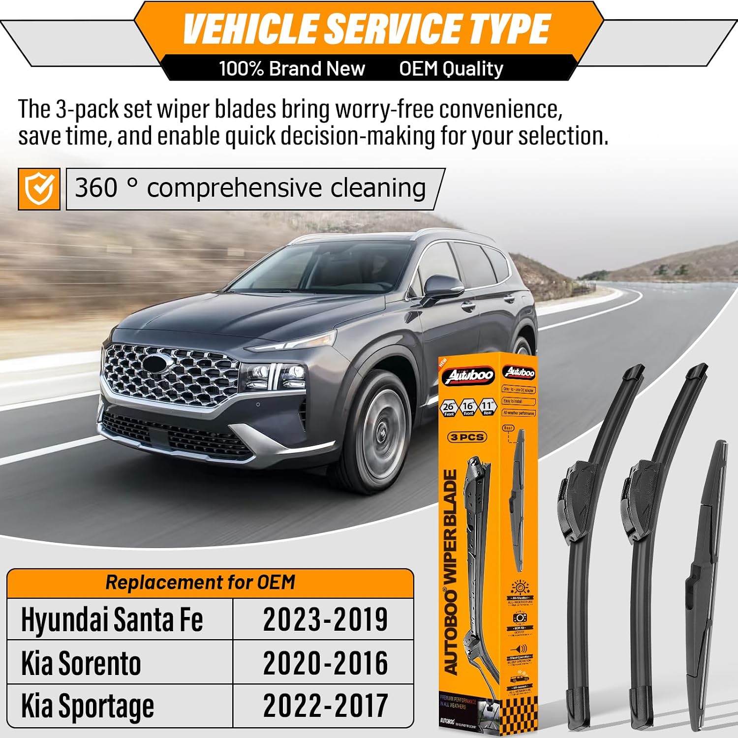 3-Pack Windshield Wiper Blades for Kia Sportage 2017-2022 Hyundai Santa Fe 2019-2023 Kia Sorento 2016-2020, Original