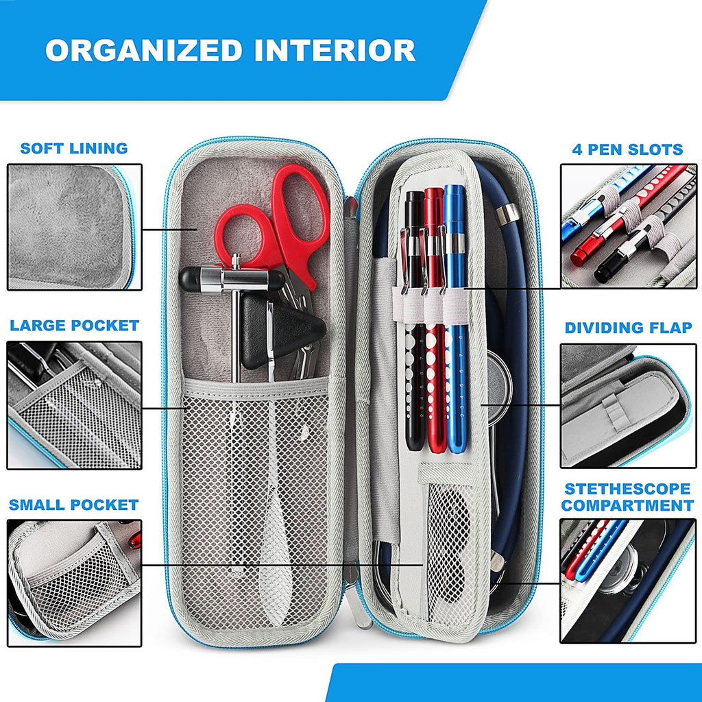 KB-9397-BL Stethoscope Case, Supplies Included, Blue with Multiple Compartments, Portable and Lightweight First Aid