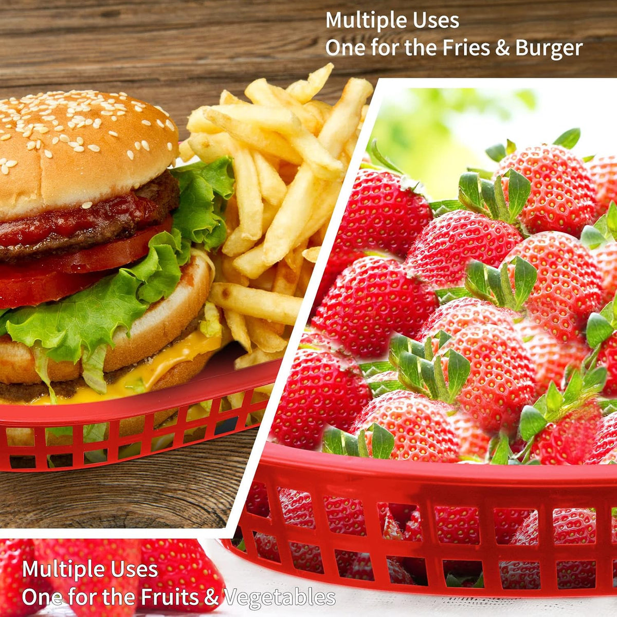60 Pcs Fast Food Basket, 10.5" x 7" Plastic Storage Tray, Red