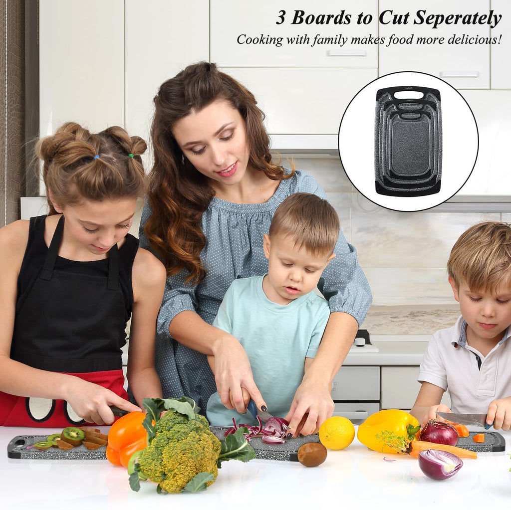 Plastic Cutting Boards Set of 3 for Kitchen, Thick Chopping Board with Deep Juice Grooves, Non‑Slip Feet, Easy Grip