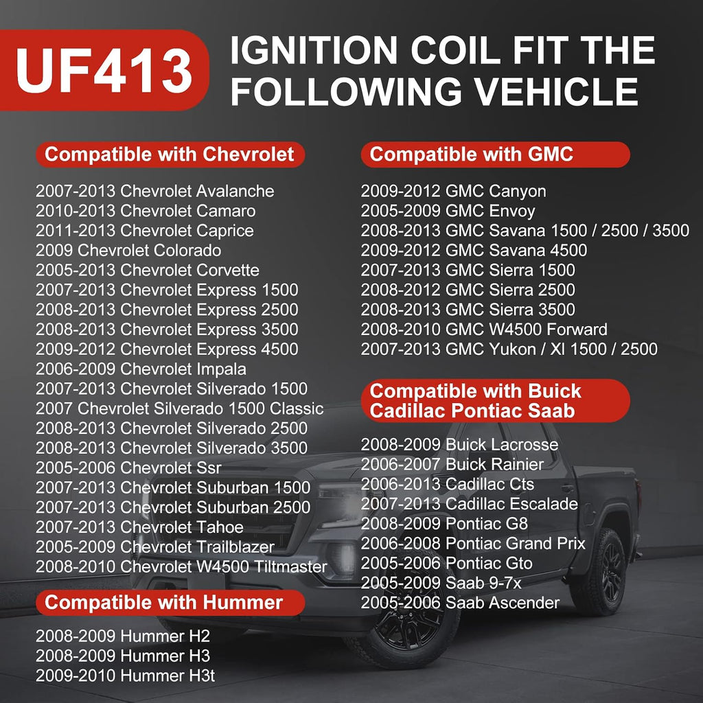UF413 Square Ignition Coils with 8mm 748UU Spark Plug Wires, Set of 8 | Compatible with Chevy Silverado 1500 GMC