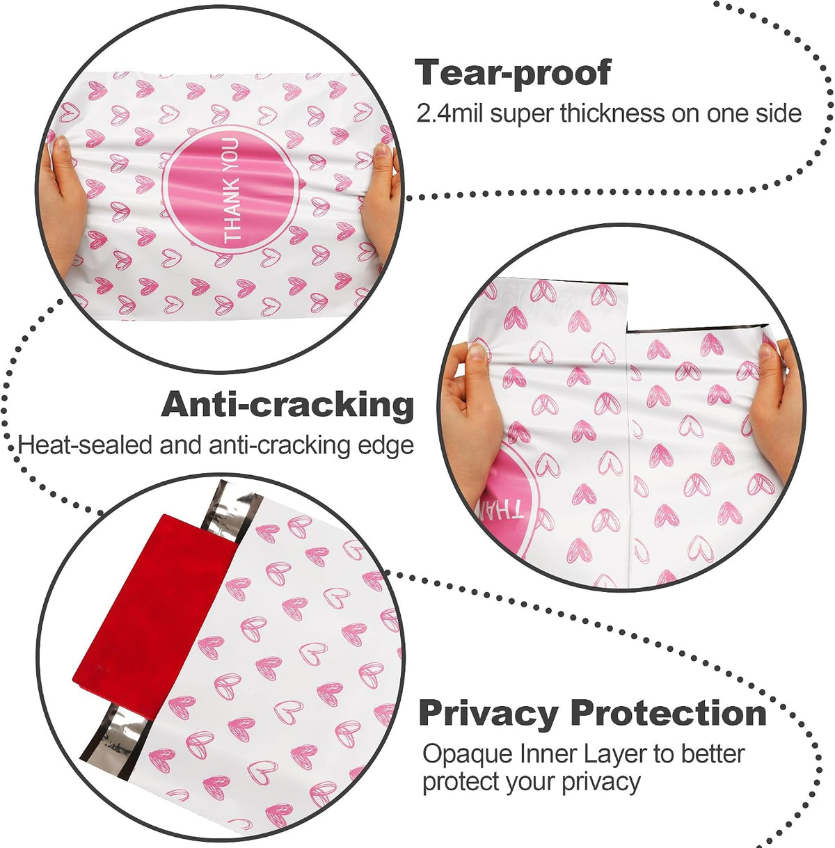 10x13 Boutique Poly Mailers 100 Pack, Pink Hearts Design