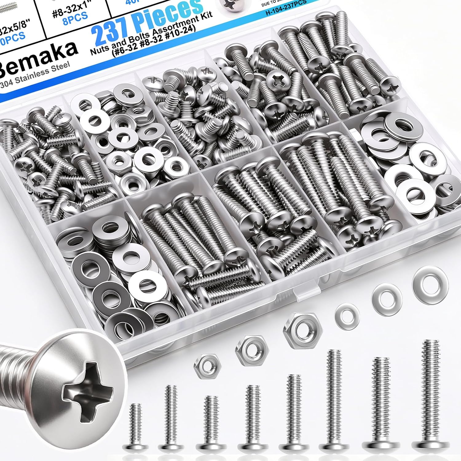 Nuts and Bolts Assortment Kit, 304 Stainless Steel Bolts 8 Sizes #6-32#8-32#10-24 Phillips Pan Head Machine Screws