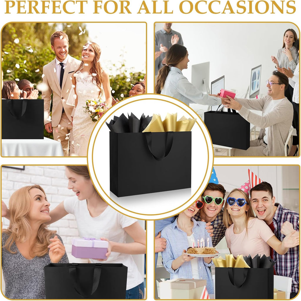 6 Pack Extra Large Black Gift Bags with Handles and Tissue Papers