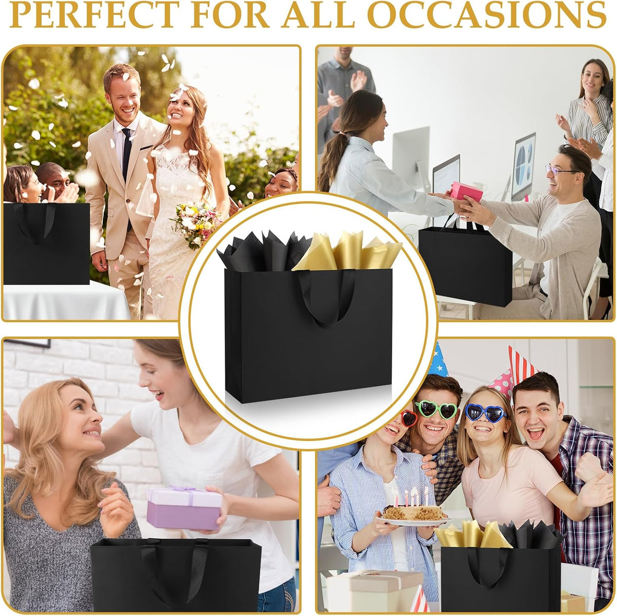 6 Pack Extra Large Black Gift Bags with Handles and Tissue Papers