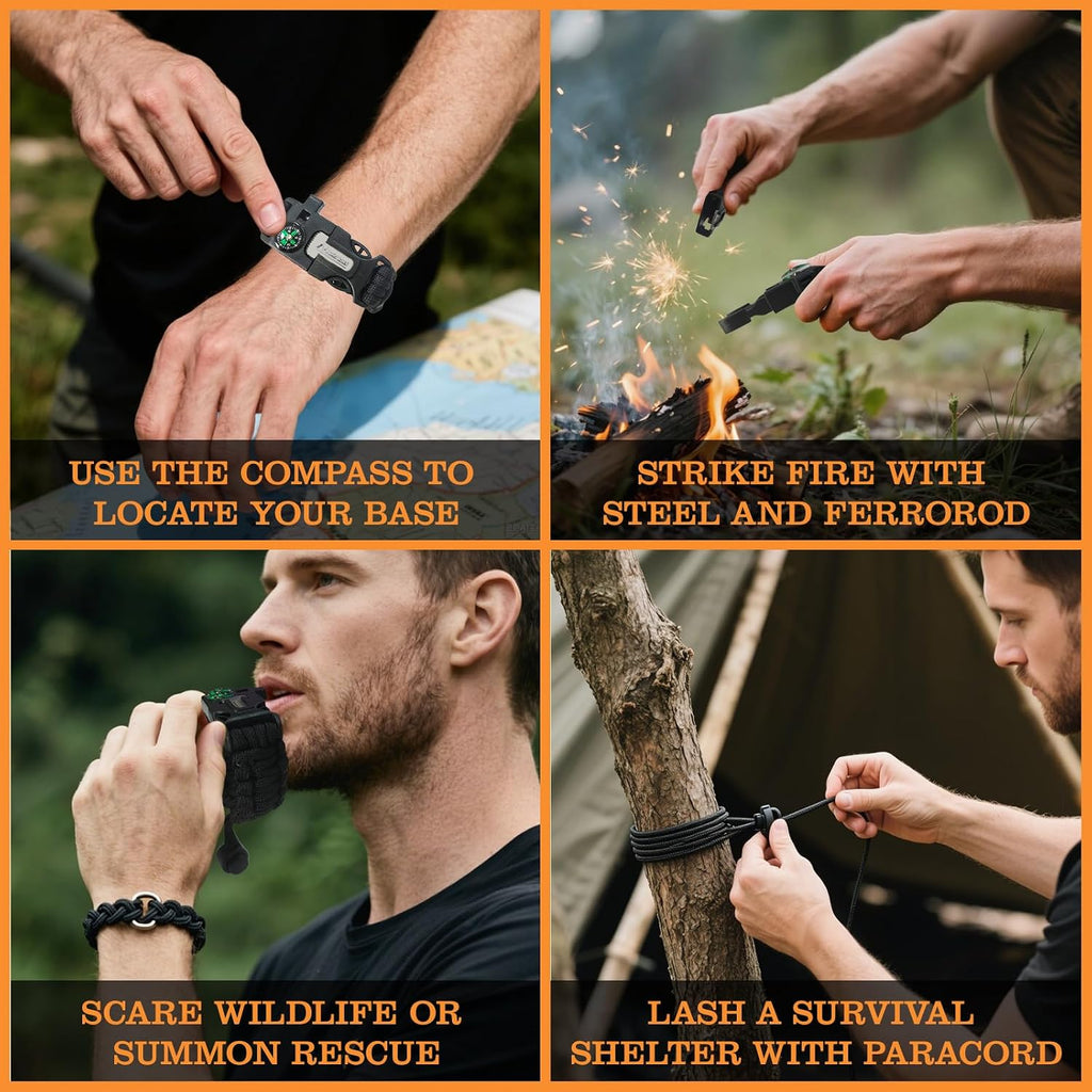 Paracord Survival Bracelet (3 Pack) - Adjustable with Fire Starter, Whistle, Compass - Survival Gear for Hiking
