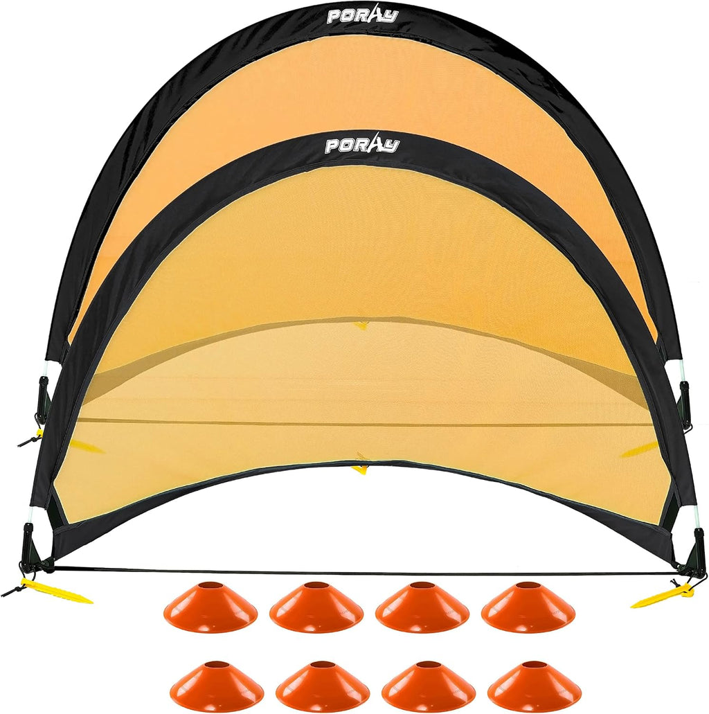 Poray Soccer Goal for Kid Easy-up Set of Two Portable Soccer Net 210D Oxford with 8 Field Marker Cones Extra Stakes