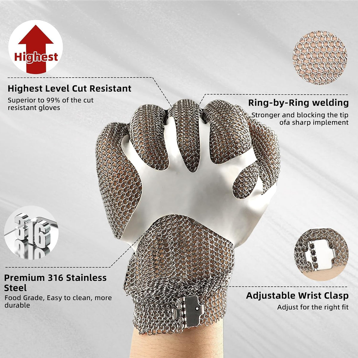 A9 Cut Resistant Metal Mesh Chainmail Glove, PM5201, 1 Pack, M