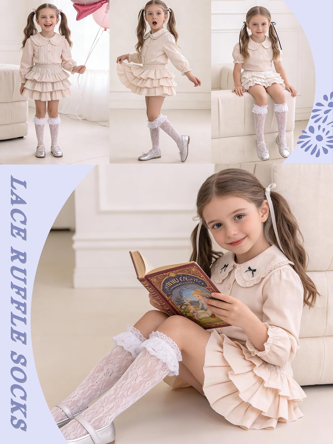 Girls Lace Knee High Socks 2 Pack Sheer Patterned Stockings 5-12Y | Kids Black White Hollow Cute Ruffle Trim Socks