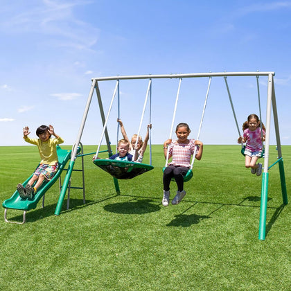 Northridge Metal Swing Set, 500 lb Capacity, 32" Saucer, 2 Blow-Molded Swings & 5ft Slide, Durable 6ft Frame, Outdoor