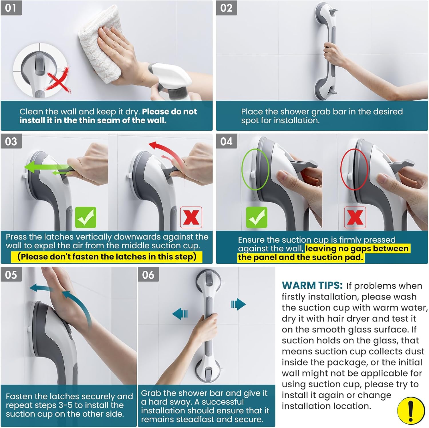 Grab Bars for Bathtubs and Showers 2 Pack Suction Grab Bar, Heavy Duty Shower Handle Removable Bath Handrails for