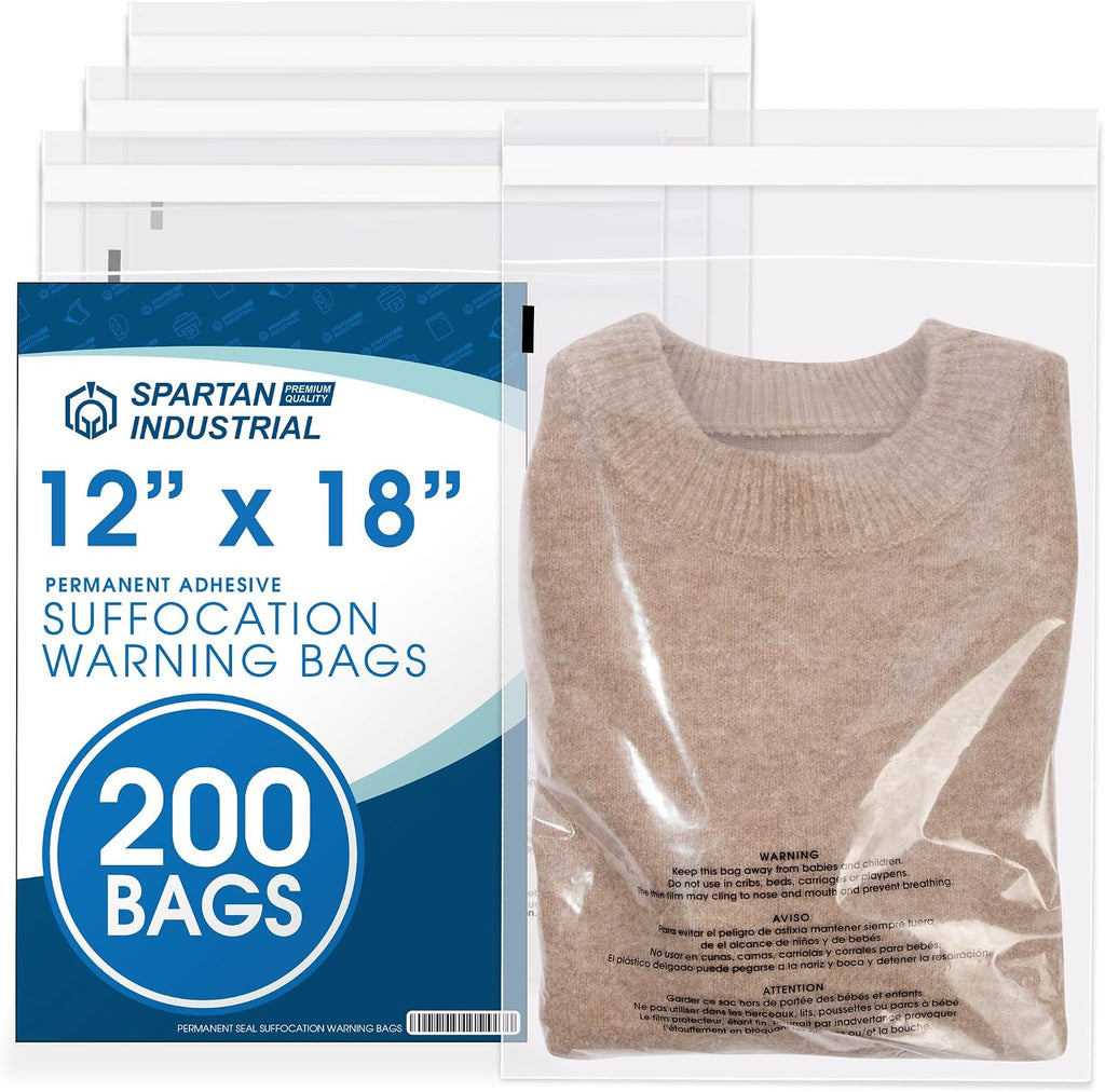 12” X 18” (200 Count) Self Seal Clear Poly Bags with Suffocation Warning