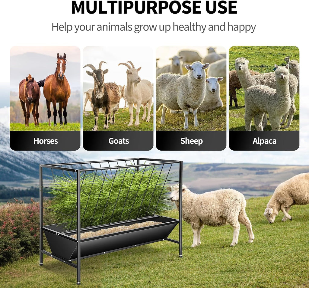 2 in 1 Pasture Hay Feeder 45 Gallon Livestock Feed Trough with 24 Gallon Feed Pan, Hay Grain Livestock Feeder for