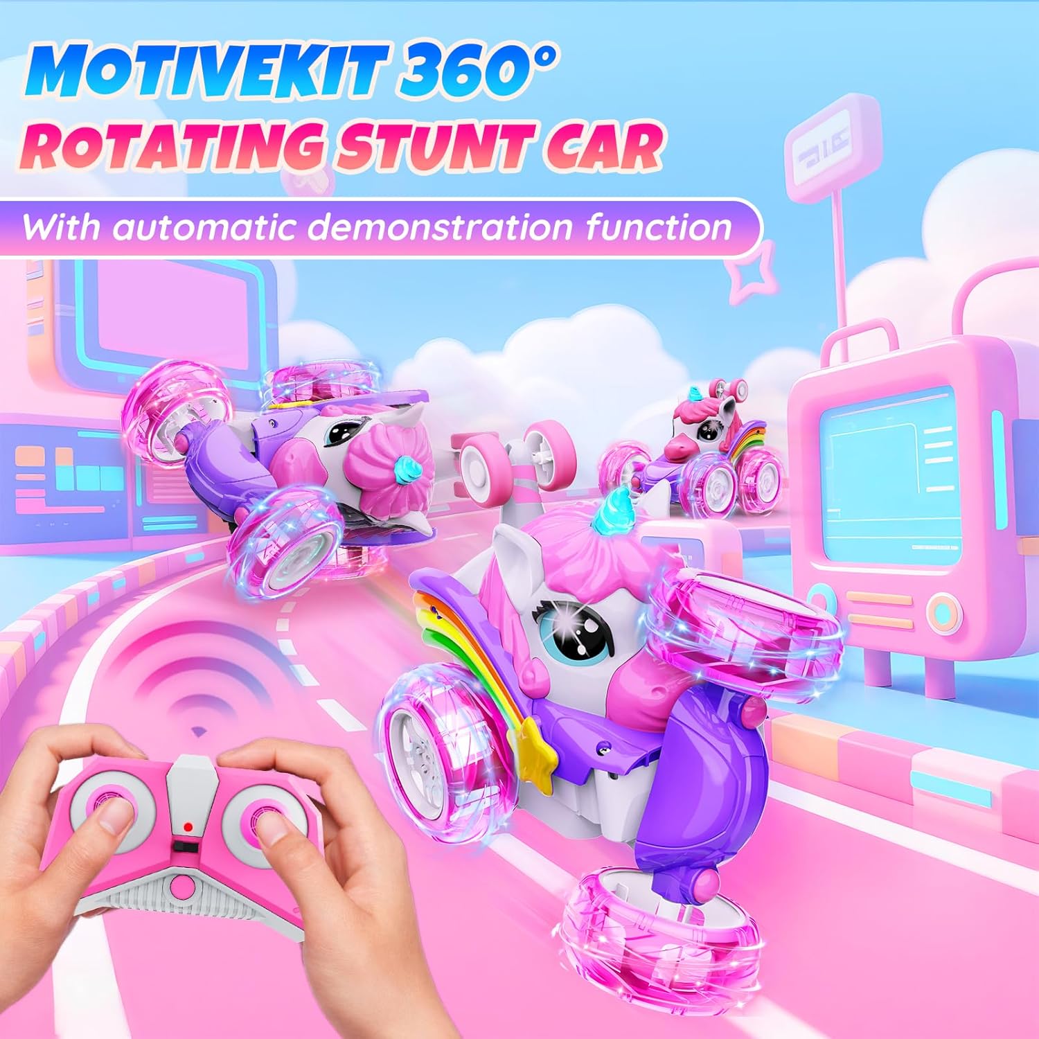 Unicorn Remote Control Car Toys for Girl - 360° Rotating Pink RC Stunt Cars 4WD Remote Cars for Kids, 2.4GHz Toy Car