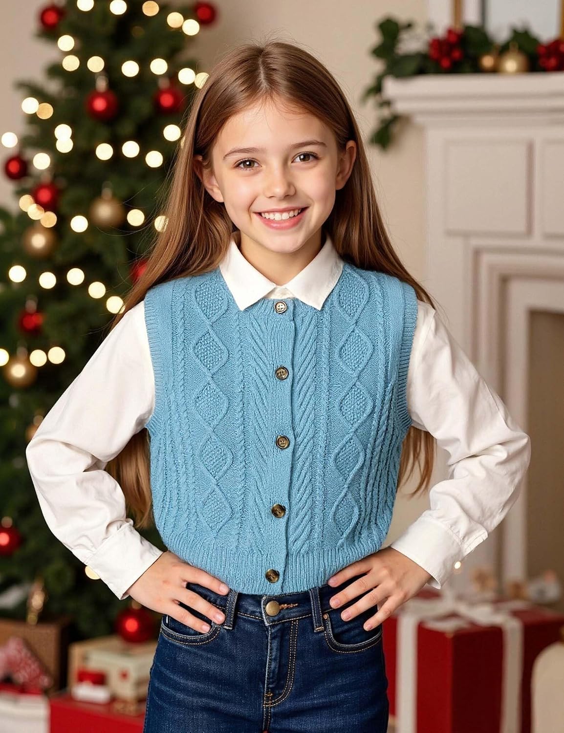 Kid Girls Sweater Vest Sleeveless Button Down Knit Cardigan School Uniform Sweater Vest Top 5-13Y