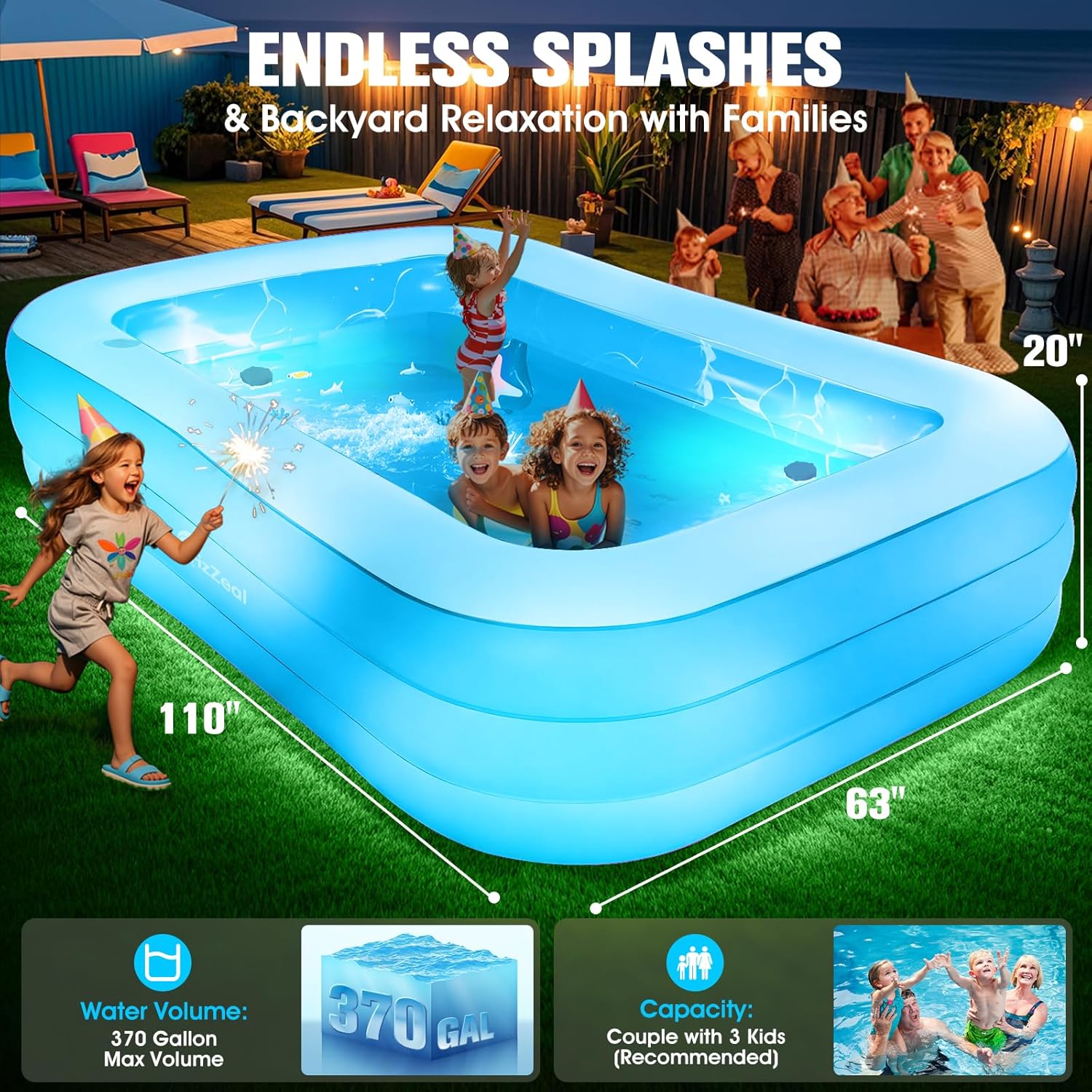 Inflatable Pool with Pool Lights and Seat, Durable Thickened Large Size Family Inflatable Pools for Adults Blow Up