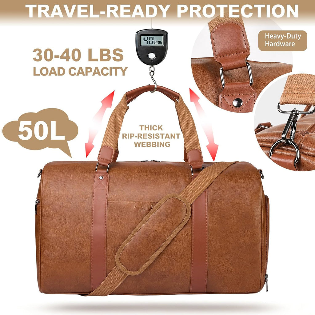 Large 3-in-1 Leather Duffle Bag for Travel Weekender Overnight Hospital Gym Bag for Men & Women, Carry On Airline