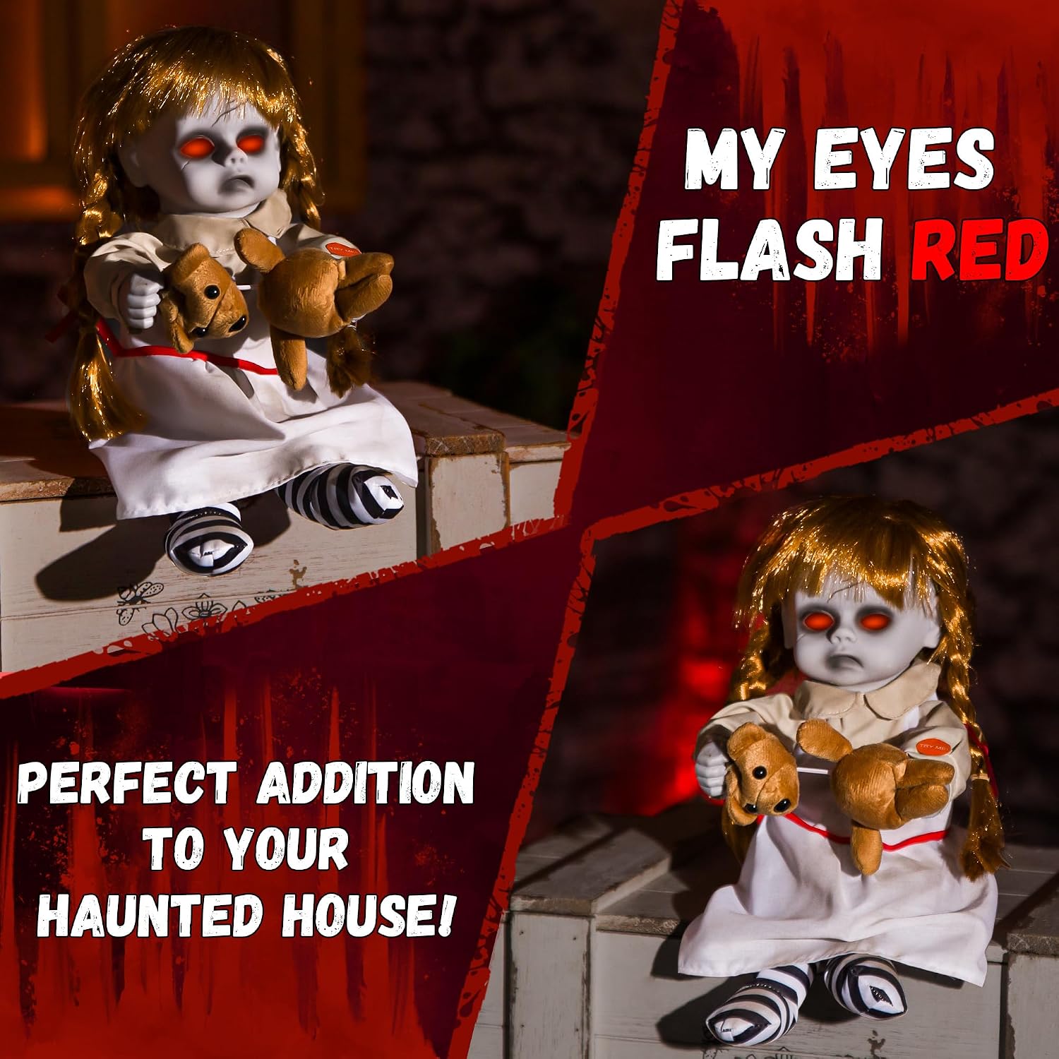 Halloween Animatronic 10inch Creepy Girl Doll, Halloween Animated Decorations with Sound Activated Spooky Sound