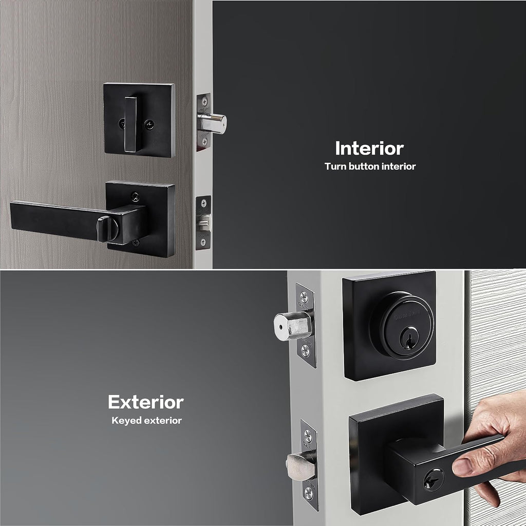 Exterior Door Lock Set with Deadbolt, Keyed Alike Door Handle with Lock, Heavy Duty Matte Black Door Knob and