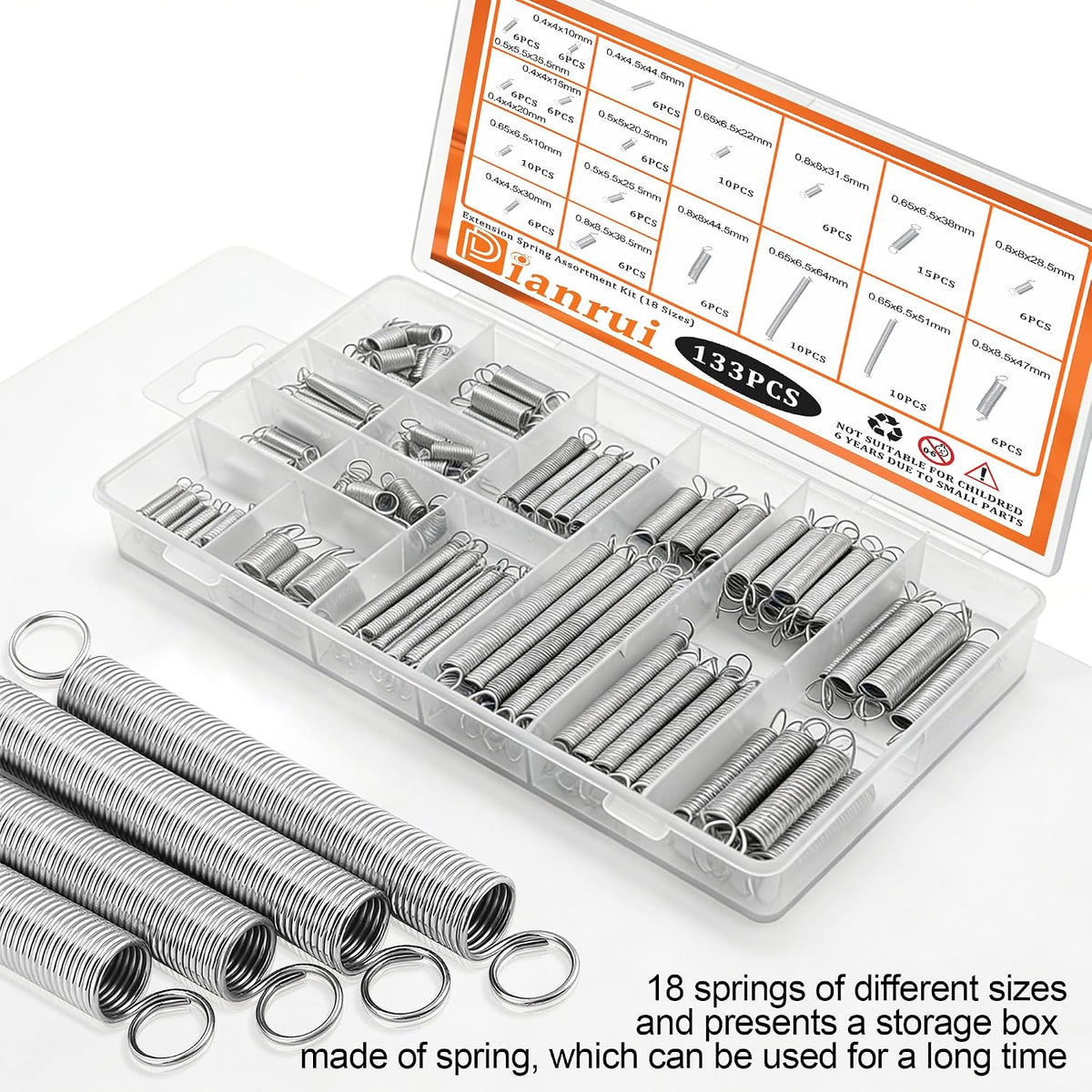 133 PCS Extension Spring Assortment Kit 18 Different Sizes Small Spring Zinc Plated Extension Springs for Home