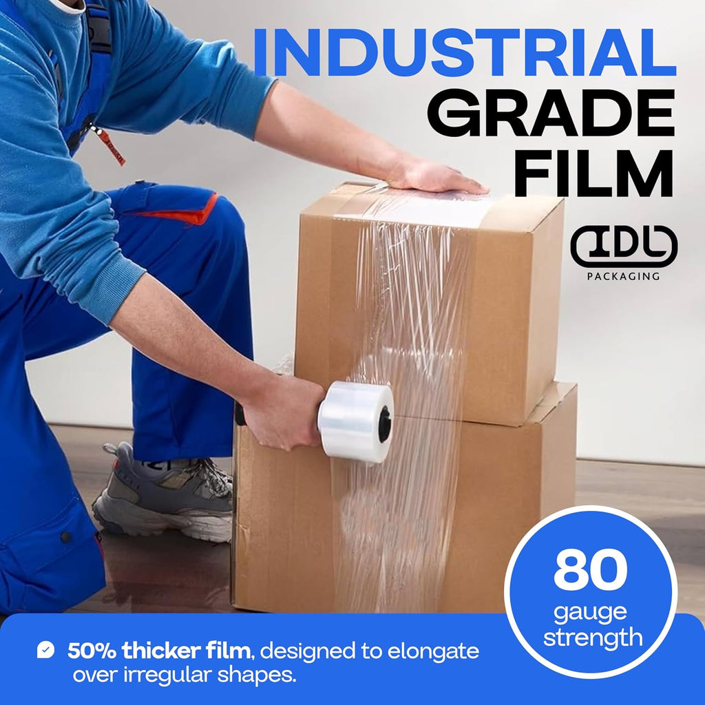 3"x 1000' Stretch Wrap Mini Roll of 80 Gauge (2 Rolls) with Plastic Handle - Extra Sticky Clear Plastic Wrap Film