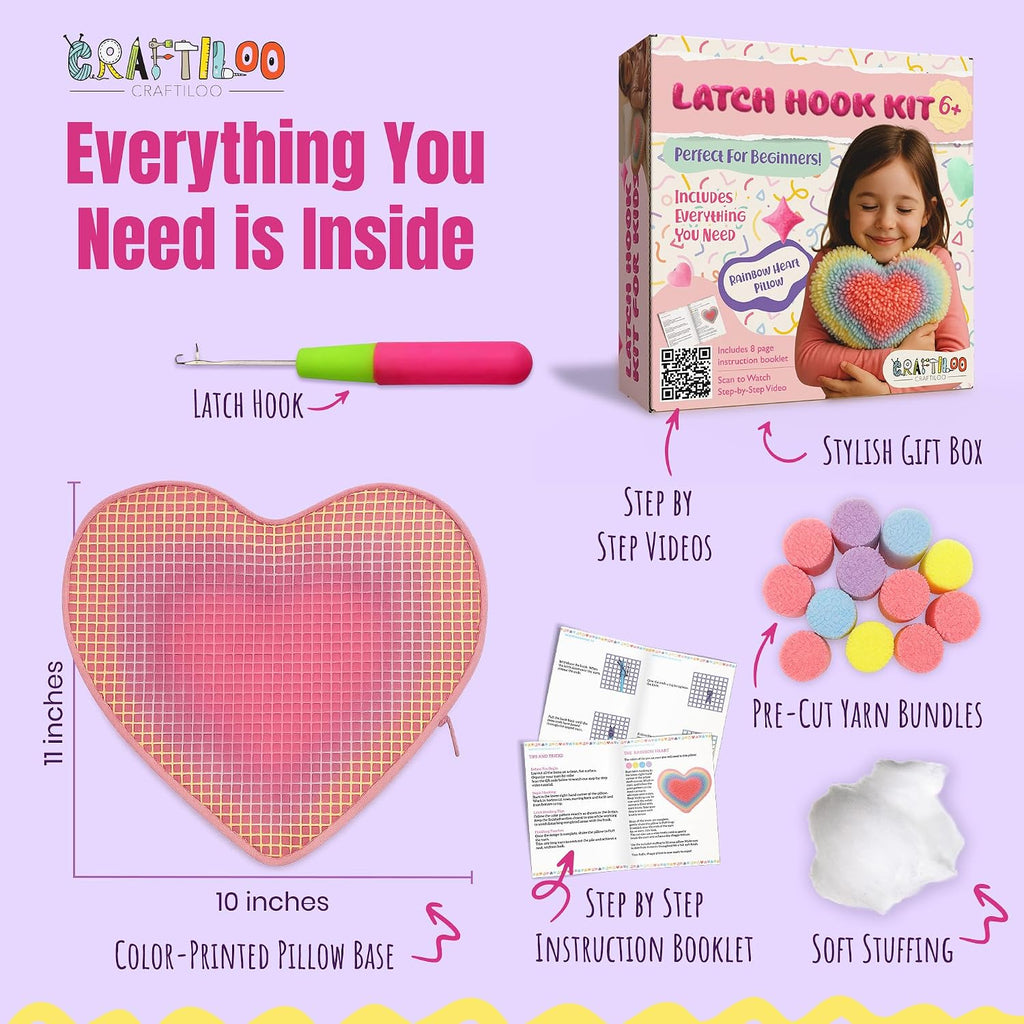 Latch Hook Kit for Kids - Rainbow Heart Rug Pillow Craft, Ages 6+