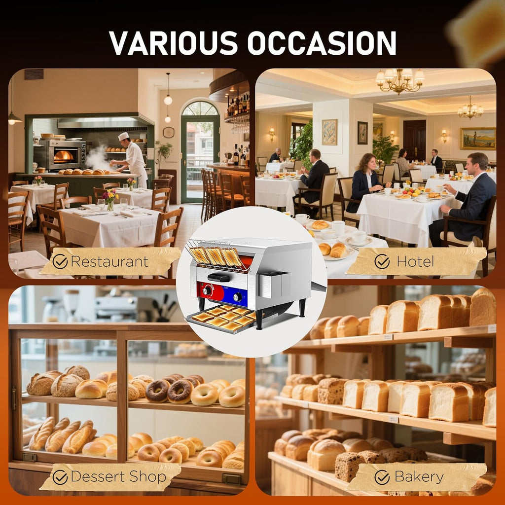 Commercial Conveyor Toaster w/ 3 Slice Wide Slot, 450 Slice/hour Commercial Toaster w/ 14.1’’ Wide and 3‘’ Opening
