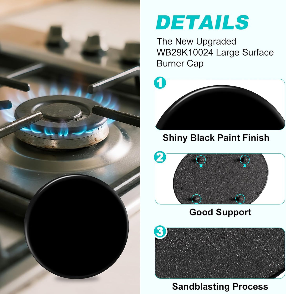 New Upgraded WB29K10006 WB29K10024 Range Surface Large Burner Cap Replacement for GE Gas Range/Stove/Oven/Cooktop,Shiny Black Surface,3.5 Inch Diameter(12K BTU)