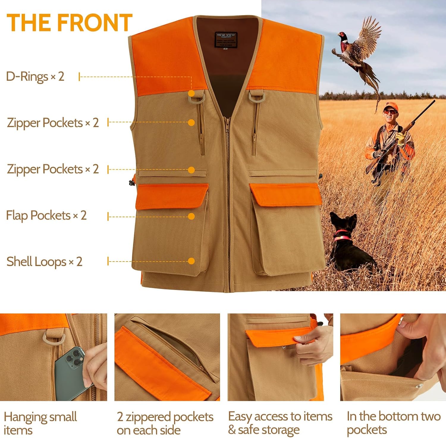 Upland Hunting Vest for Men- Blaze Orange, Pheasant Hunting Vest with Game Pouch, Bird Hunting Vest for Quail