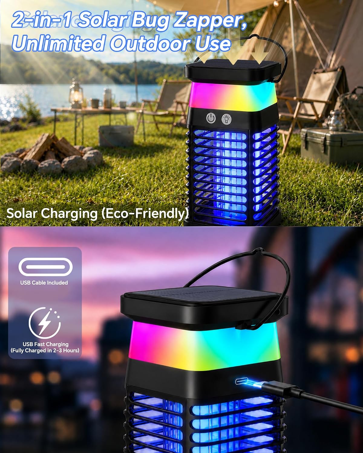 Solar Bug Zapper Outdoor/Indoor, 4000V Electric Mosquito Zapper with Flickering Flame & RGB Atmosphere Light