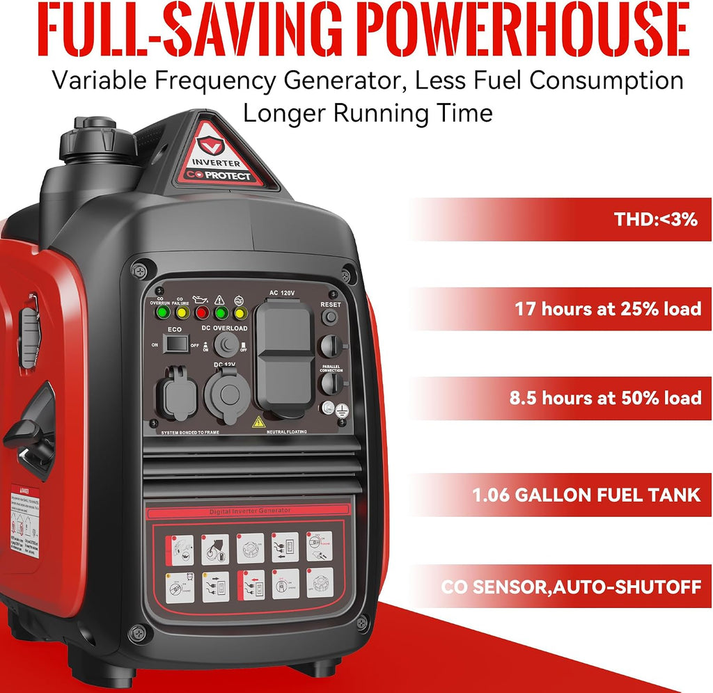 2500W Portable Generator Super Quiet Inverter Generator Ultra Lightweight for Home Backup Outdoor Camping, CO Sensor