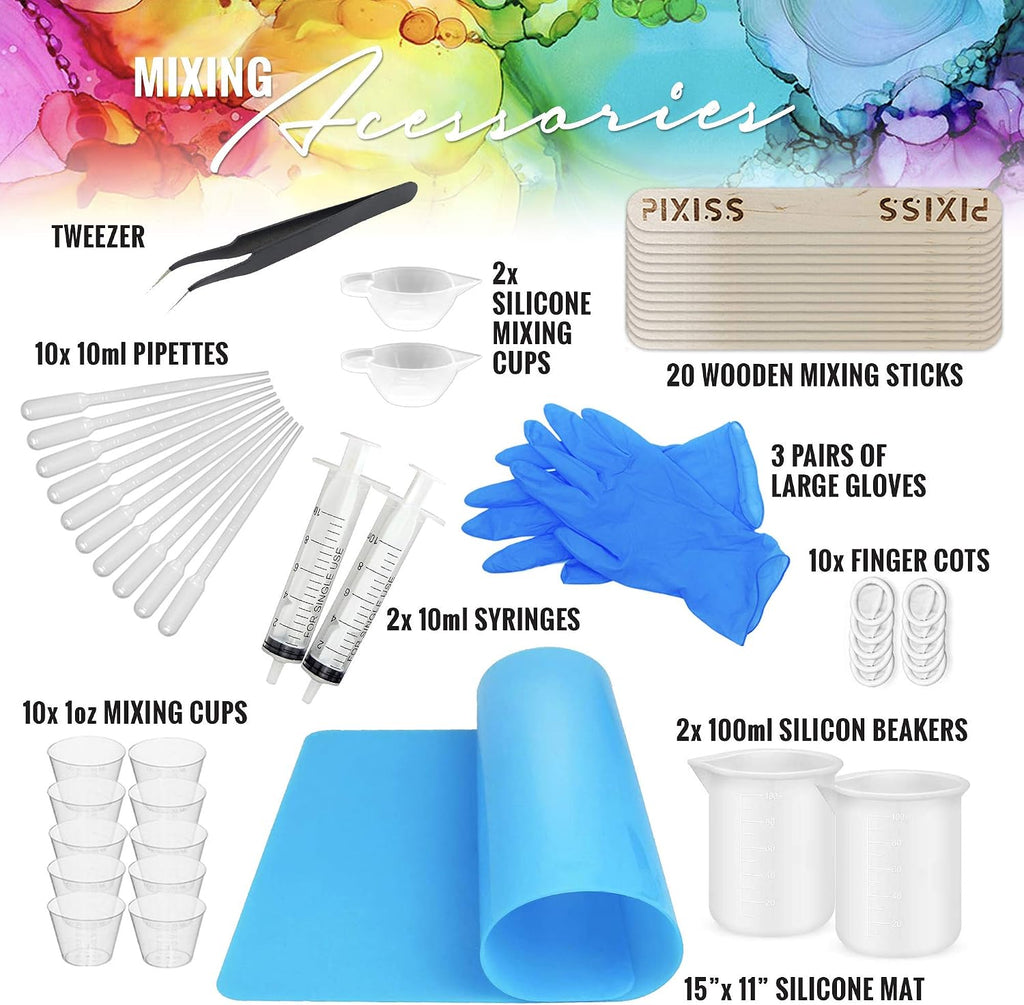 Silicone Resin Measuring Cups Tool Kit- Pixiss 100ml Measure Cups, 1oz Cups, Popsicle Stir Sticks, Pipettes, Finger