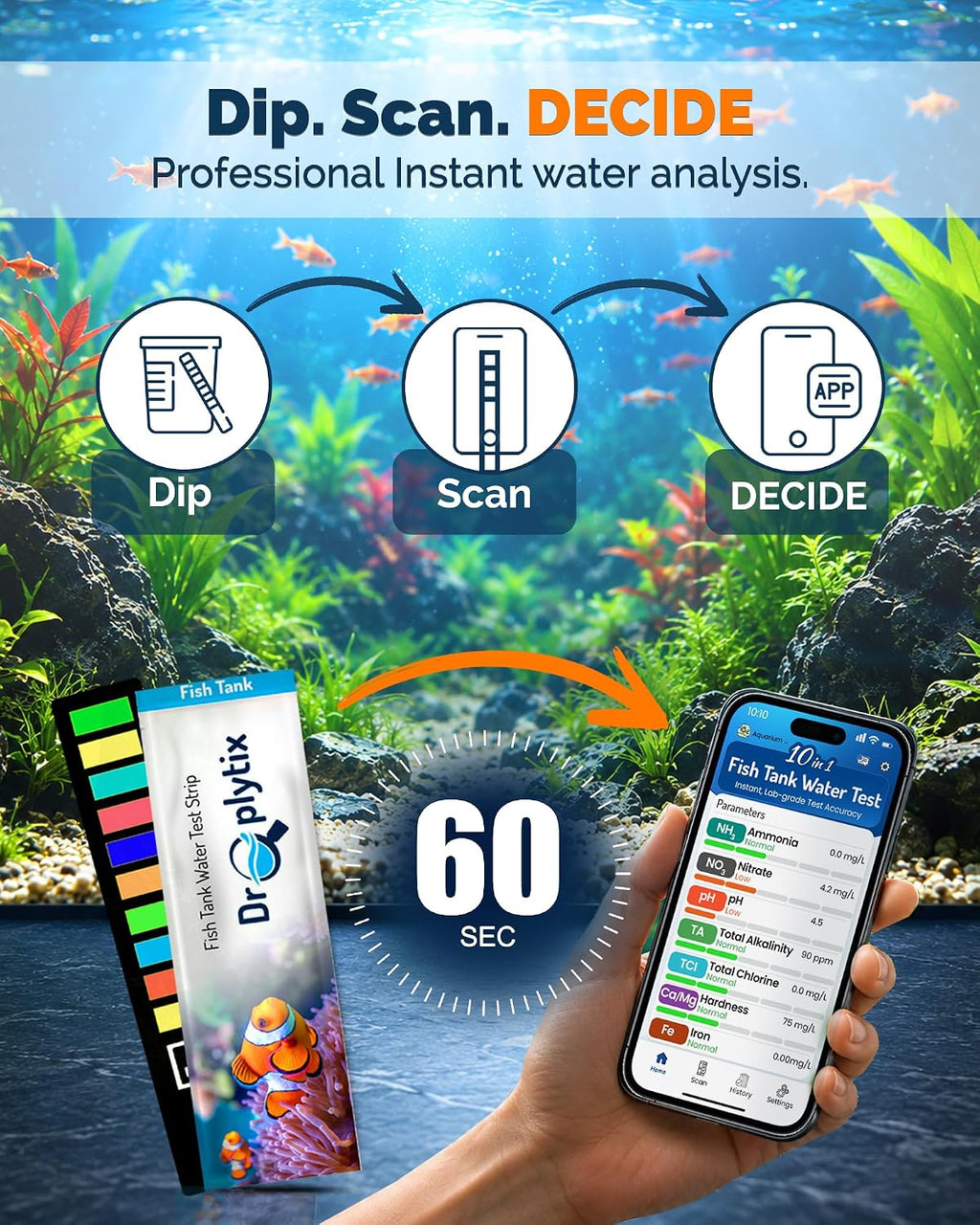 Digital Aquarium Water Test Kit, App-Enabled 10-in-1 Fish Tank Test Kit for Freshwater & Saltwater, Aquarium Test