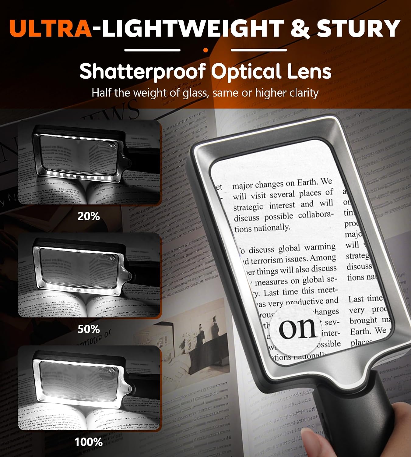 Magnifying Glass with Light, 20 LED Large Handheld Lighted Magnifier Rectangle Illuminated Magnifying Glass for
