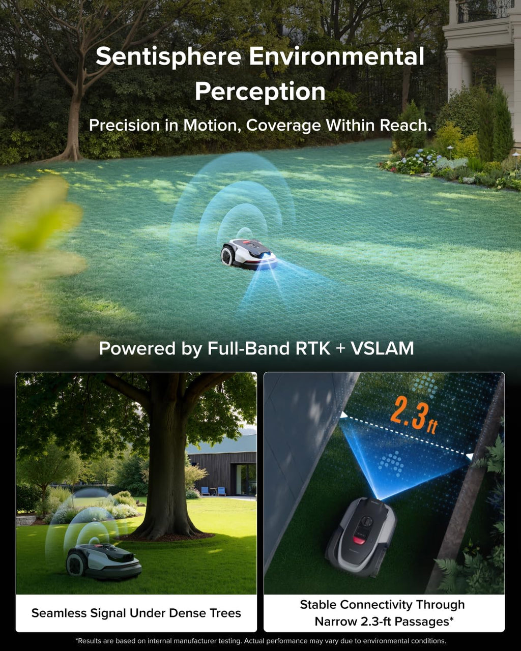 RockNeo Q110H Robot Lawn Mower, Wire-Free Robotic Lawn Mower with Full-Band RTK + VSLAM Navigation, Auto Mapping, AI
