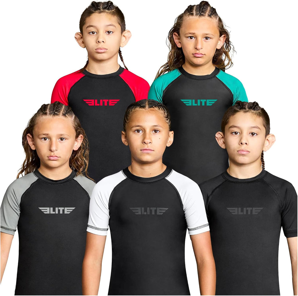 Kids Jiu Jitsu BJJ Rash Guard, Short Half Sleeve Compression Shirt for Youth Boys Girls Sports Nogi Training