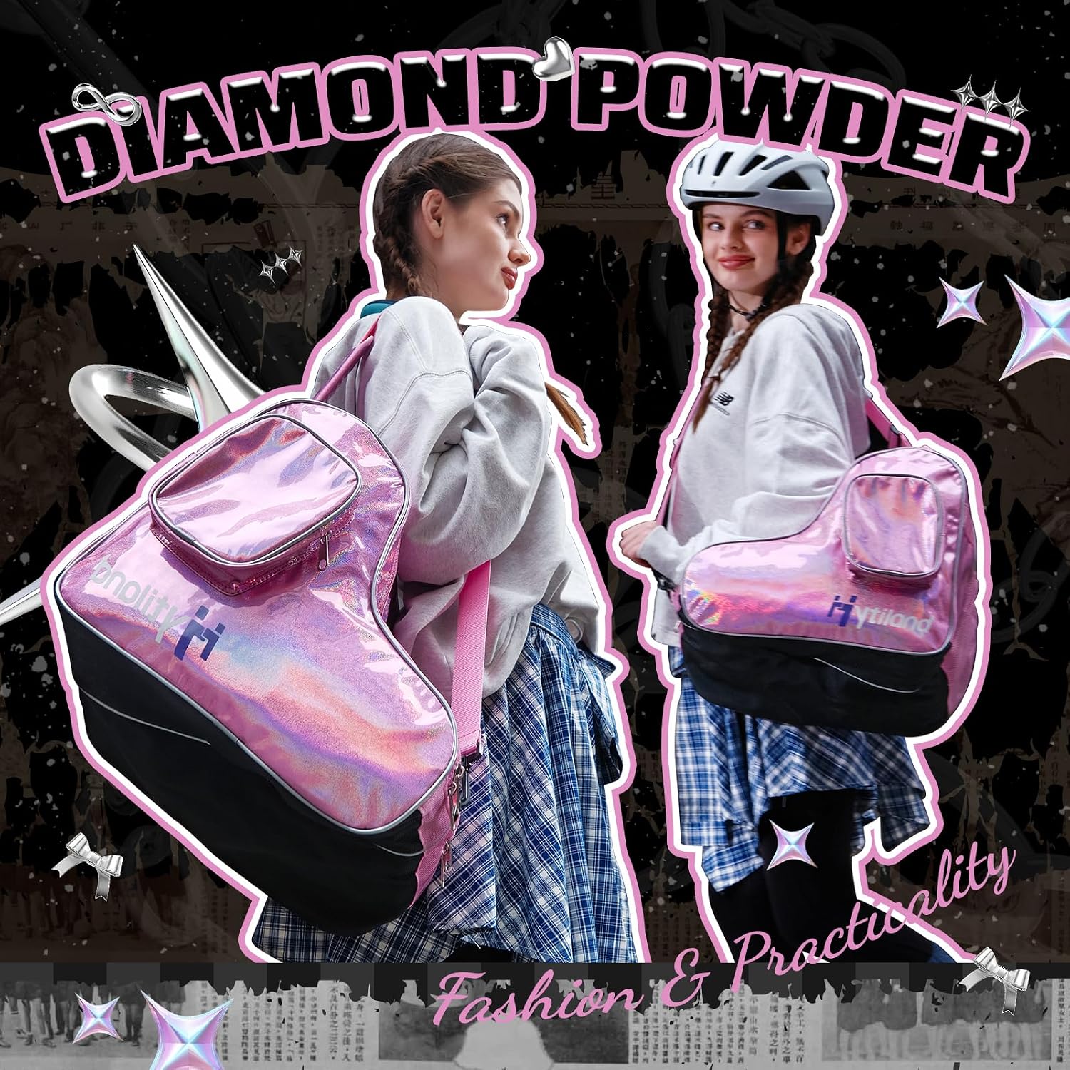 Roller Skate Bag for Inline Skates Ice Skates and Figure Skating Stylish Plain Holographic Fashion Design Spacious
