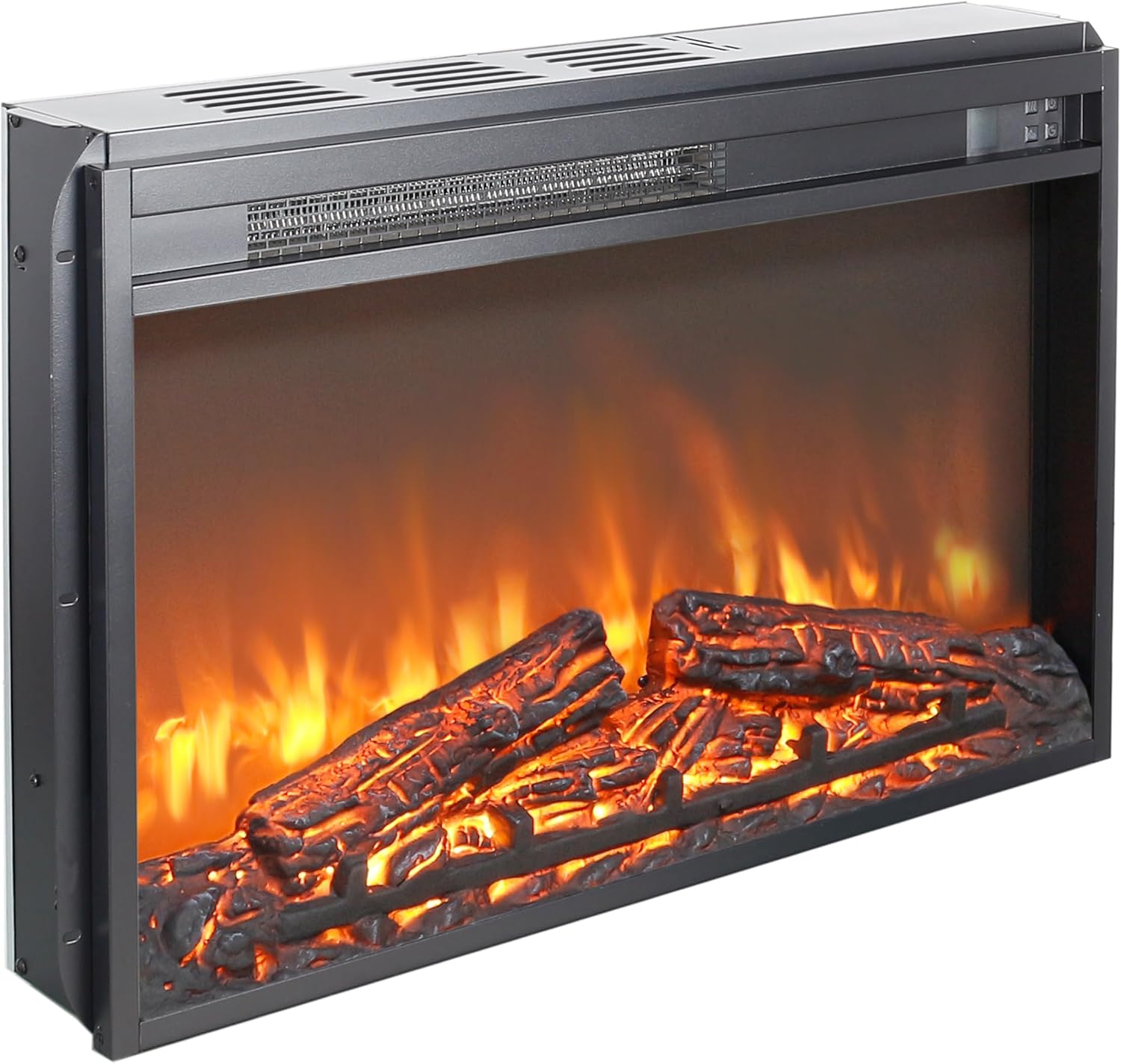 26 Inch Electric Fireplace Insert with Remote Control, Ultra Thin Heater with Realistic Flame and Log Set, Timer