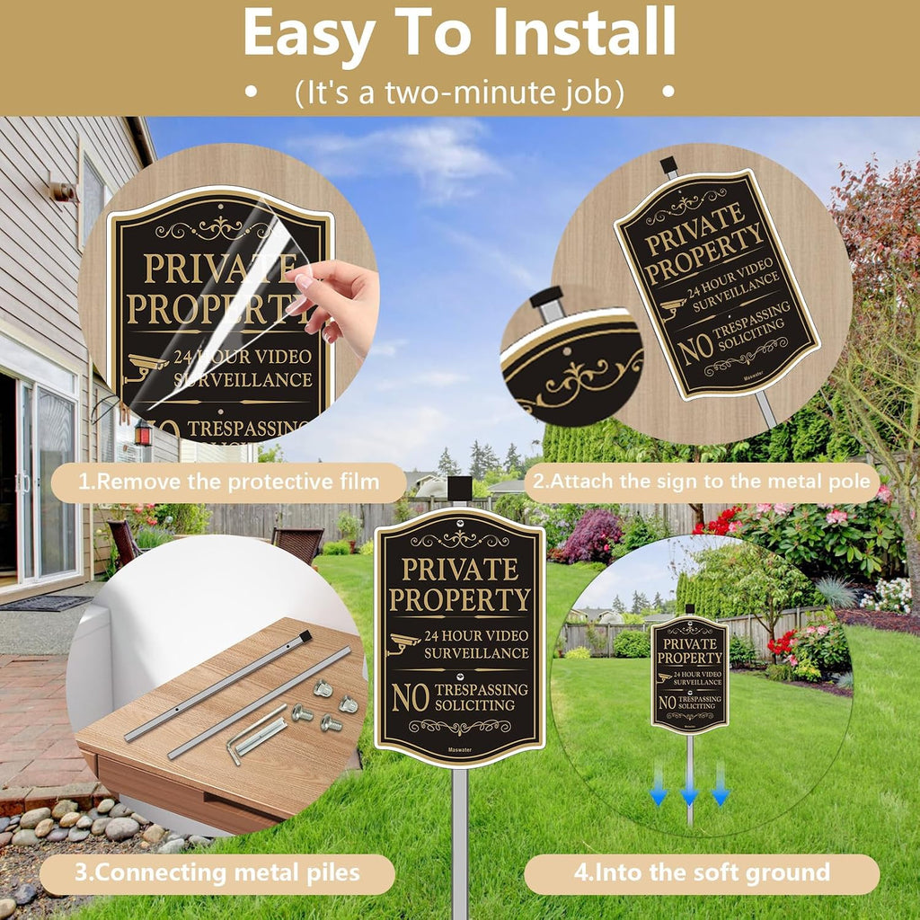 Large Private Property No Trespassing Sign For House, 8" x 14" All Metal Construction Yard Sign With 28" Long Stake
