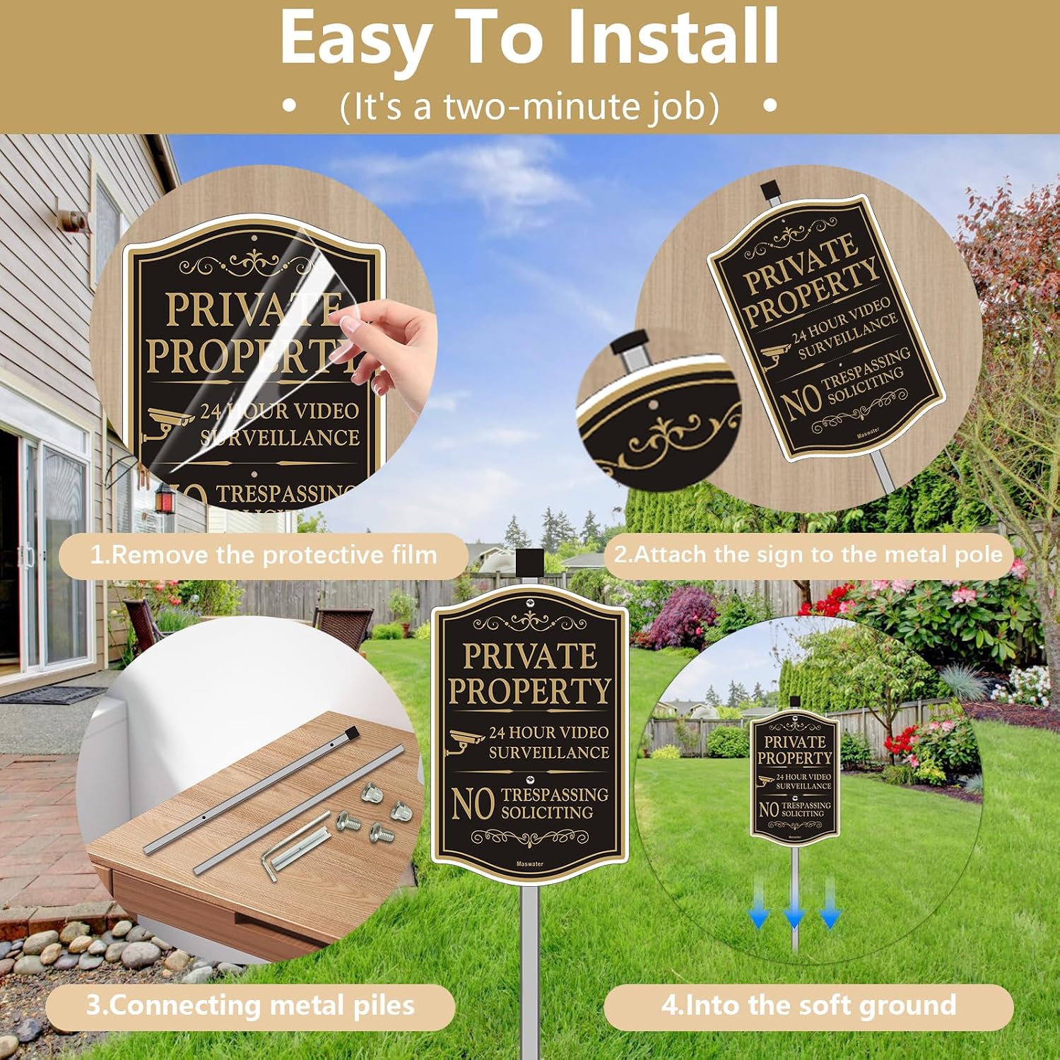 Large Private Property No Trespassing Sign For House, 8" x 14" All Metal Construction Yard Sign With 28" Long Stake