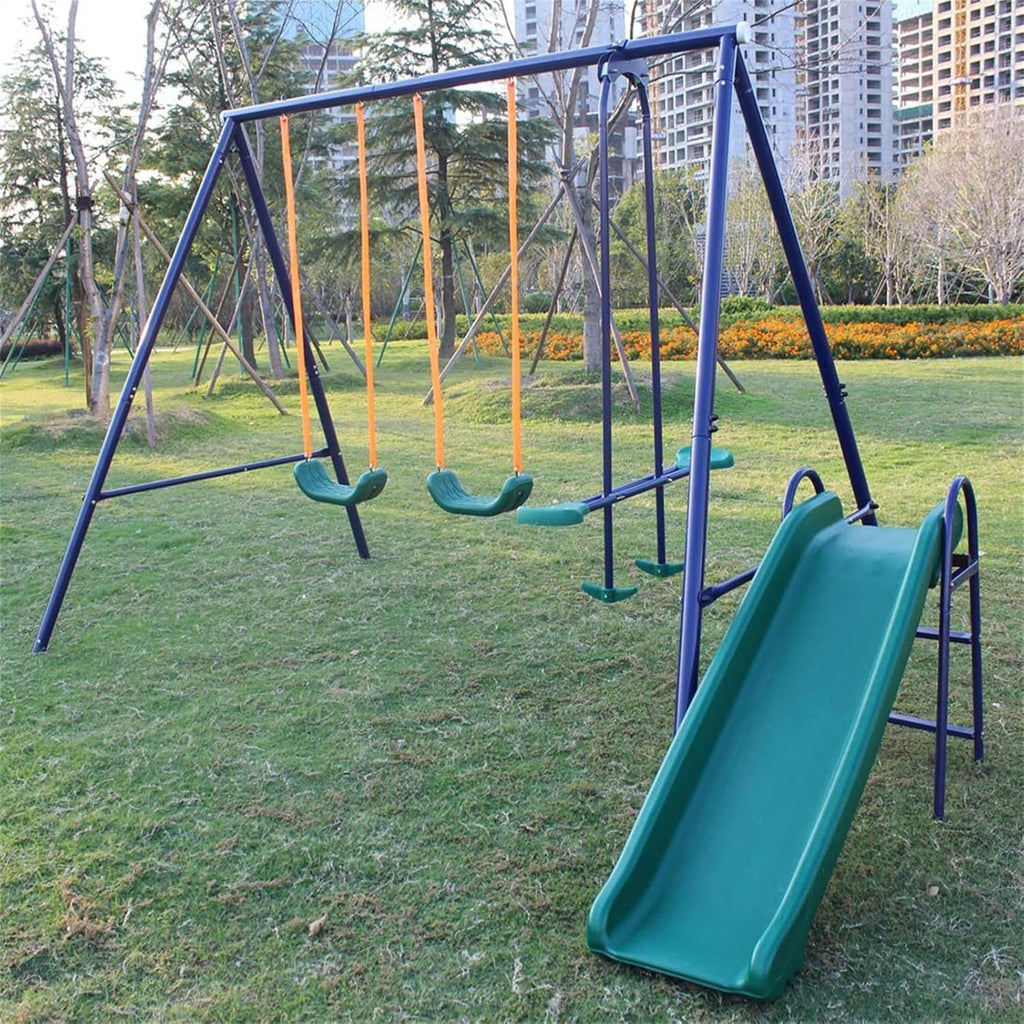 Heavy Duty A-Frame Metal Swing Set with Slide, 2 Weather-Resistant Seats, Easy Assembly, Perfect for Kids Ages 3-8