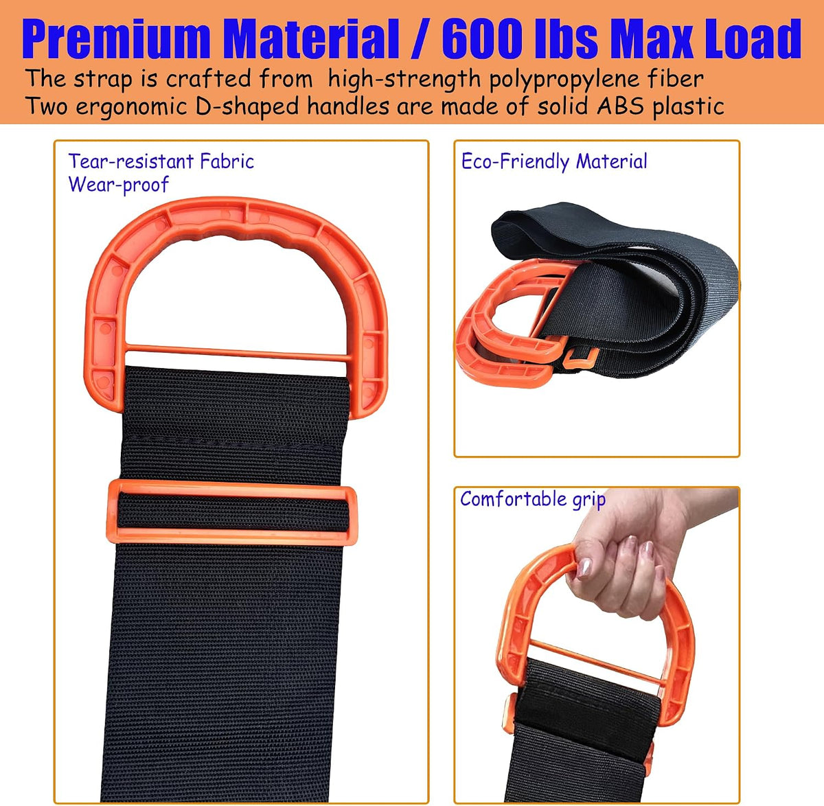 Single Person Moving Lifting Strap, Heavy Duty Furniture Moving Belt with Comfort ABS Handle, Adjustable Length