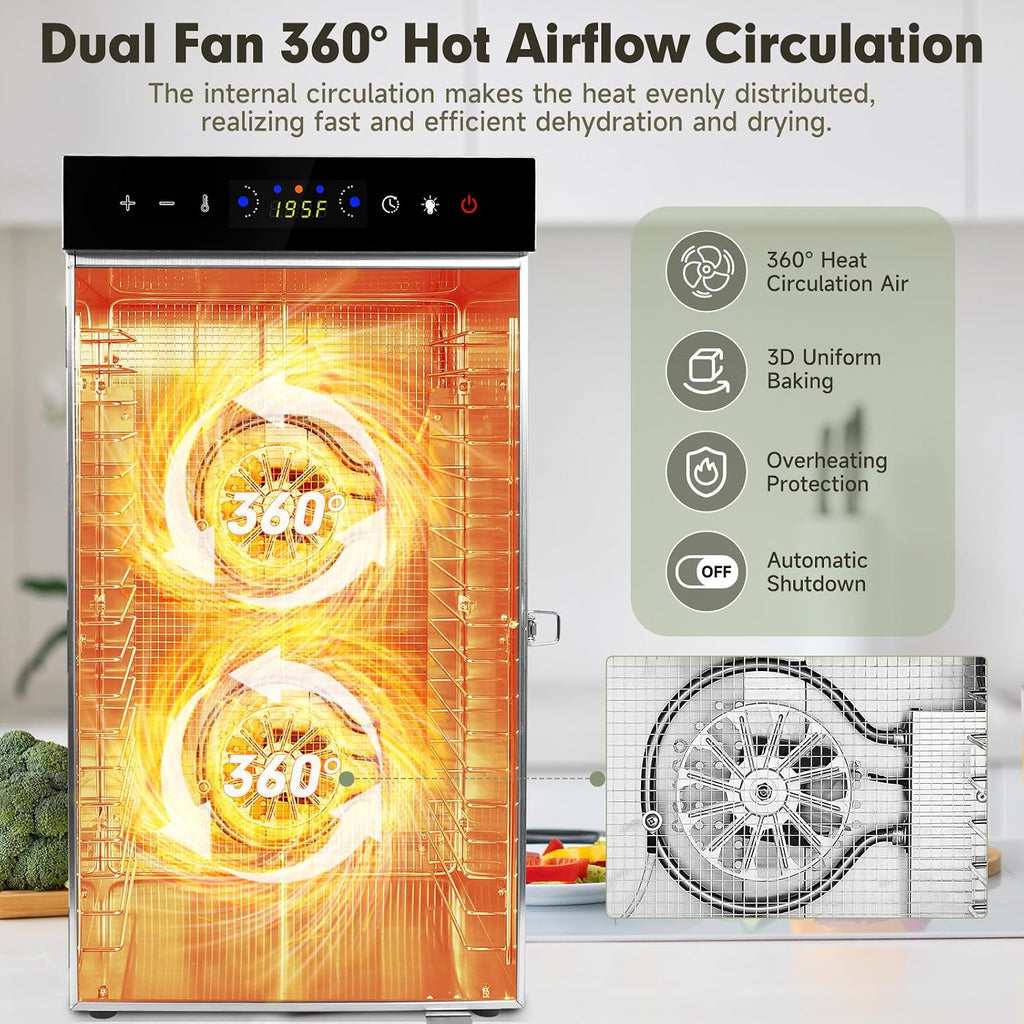 Food Dehydrator Machine 1000W 18 Trays Stainless Steel Commercial Food Dehydrated Dryer with 24H Timer Touch-Control