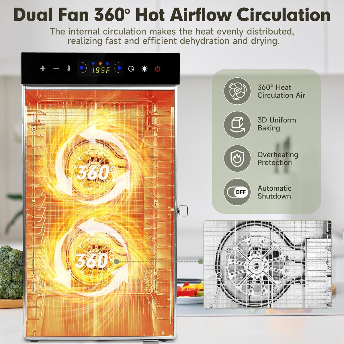 Food Dehydrator Machine 1000W 18 Trays Stainless Steel Commercial Food Dehydrated Dryer with 24H Timer Touch-Control
