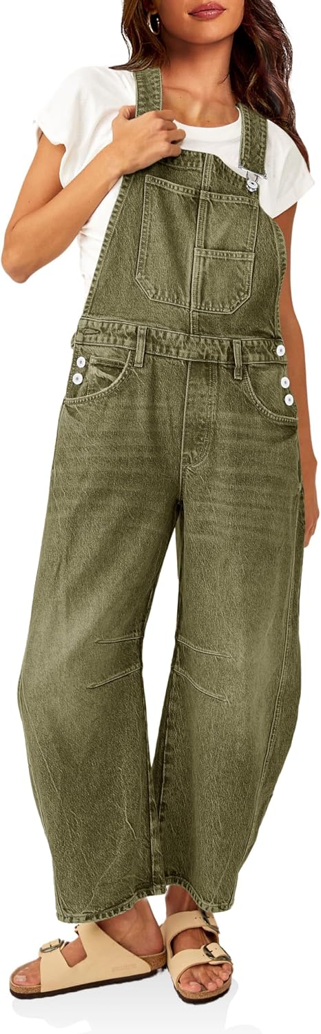 Womens Denim Bib Overalls Barrel Leg Adjustable Strap Jean Jumpsuit