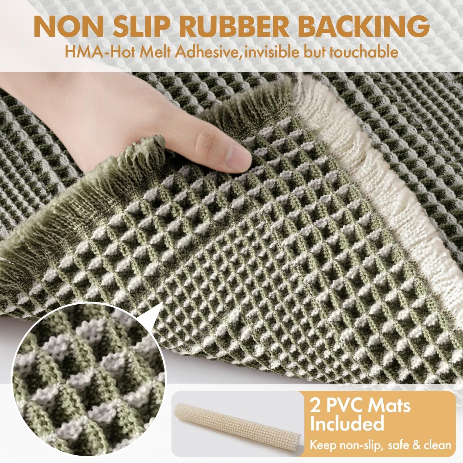 Set of 2 Waffle Bathroom Rugs Green&Cream Boho Bath Mat 17x24+18x30 | Looped Design, Super Absorbent, Non Slip