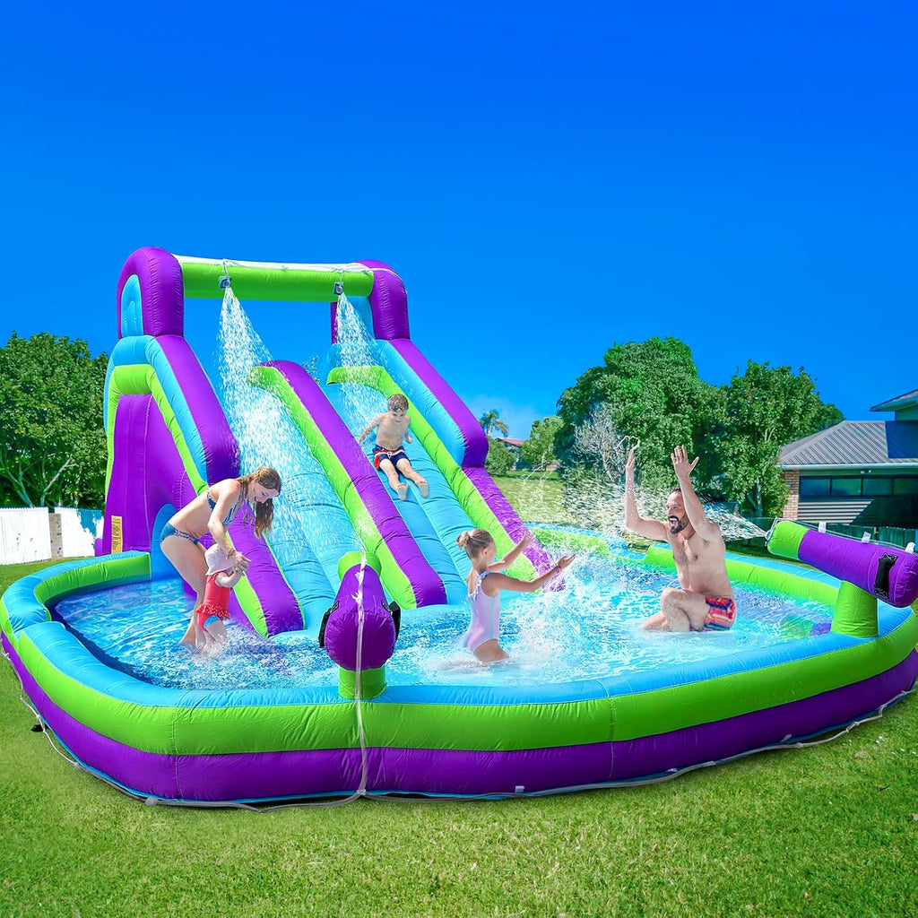 Inflatable Double Water Slide-17.7FT Large Climber Inflatable Water Park for Big Kids 5-10-Huge Splash Pool-Easy to